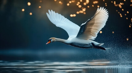 Obraz premium graceful swan takes flight over a tranquil lake