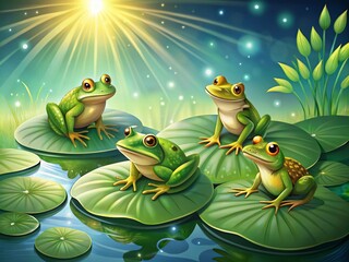 Fototapeta premium Five Frogs on Water Lily Leaf in Serene Lake Landscape - Nature Illustration