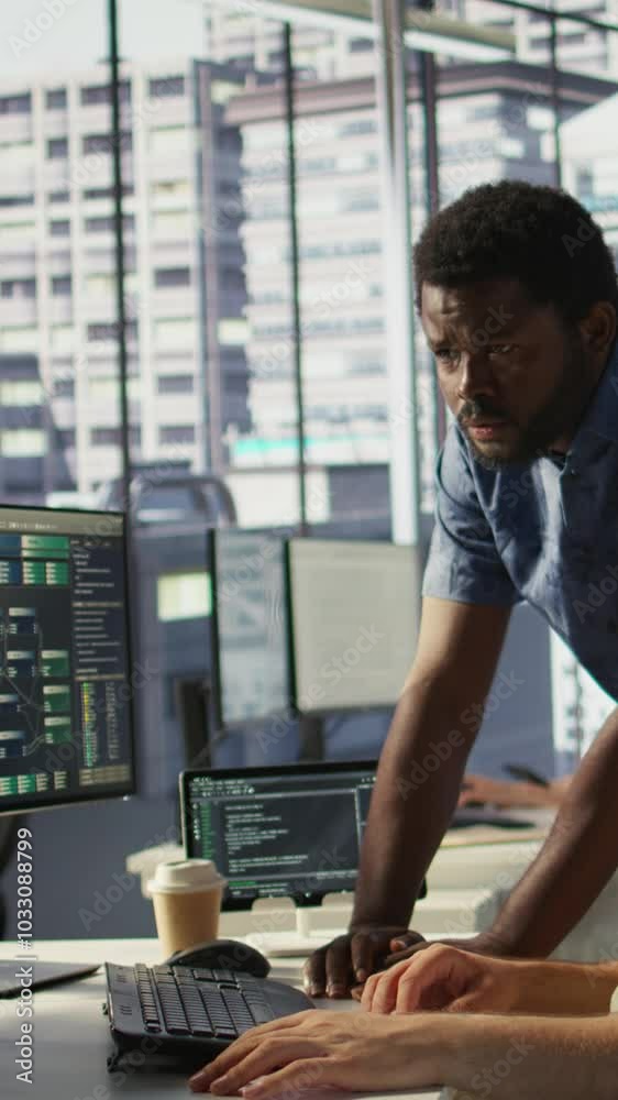 Poster vertical video manager correcting programmer mistakes while conducting code review to fix errors, id