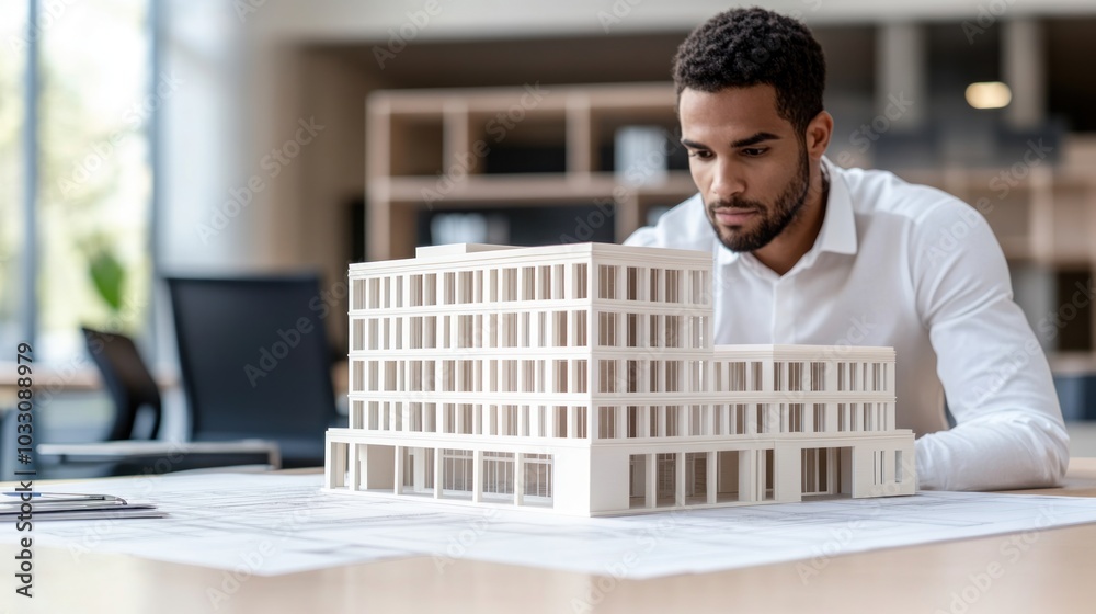 Aufkleber architect reviewing a scale model of a modern building