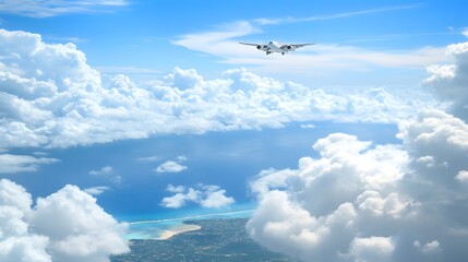 Fototapeta premium A serene view of an airplane soaring through fluffy clouds over a sparkling ocean, highlighting a picturesque sky and tranquil atmosphere.