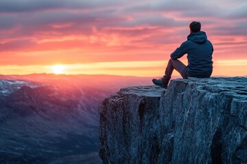 Obraz premium Solitary Contemplation: Man Watching a Vibrant Sunset from a Mountain Cliff