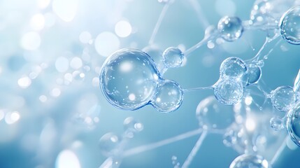 Transparent Water Bubbles Connected by Thin Lines Against a Blue Background