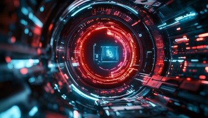 Obraz premium 3D rendering of a futuristic, round digital display with cyberpunk elements and red light inside a space station. 