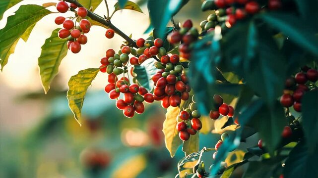Close up of coffee tree with red and green beans on branches against morning mist background.