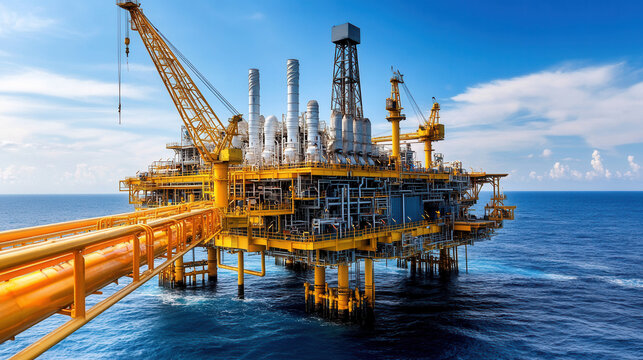 Close up of mechanical structure of oil rig in ocean, showcasing its intricate design and engineering. vibrant yellow color contrasts beautifully with blue sea and sky, creating striking industrial