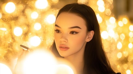 Fototapeta premium Woman Applying Makeup with a Golden Bokeh Background