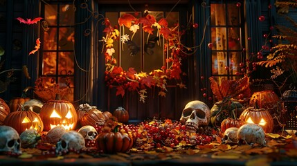Spooky Halloween Decor with Jack-O'-Lanterns and Skulls