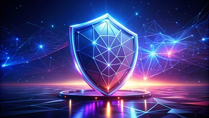 Futuristic Glowing Low Polygonal Guard Shield Symbol in Night Photography on Dark Gradient Background