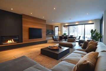 Fototapeta premium Modern Scandinavian Living Room with Cozy Fireplace and Wooden Accents