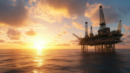Obraz premium Offshore oil platform at sunset, showcasing giant cranes and industrial structures against vibrant sky. scene evokes sense of tranquility and vastness of ocean