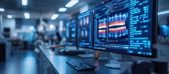 A workspace featuring monitors displaying data analysis and visualizations.