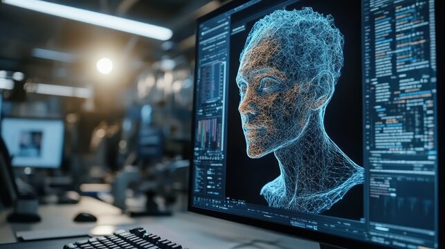 A computer screen displaying a 3D wireframe model of a human head in a tech environment.