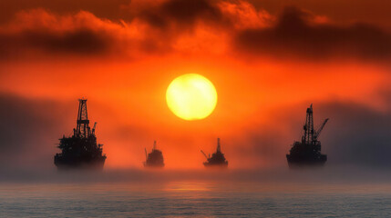 Obraz premium Massive oil drilling rigs silhouetted against vibrant sunset over ocean create dramatic scene. warm colors evoke sense of awe and power of industry