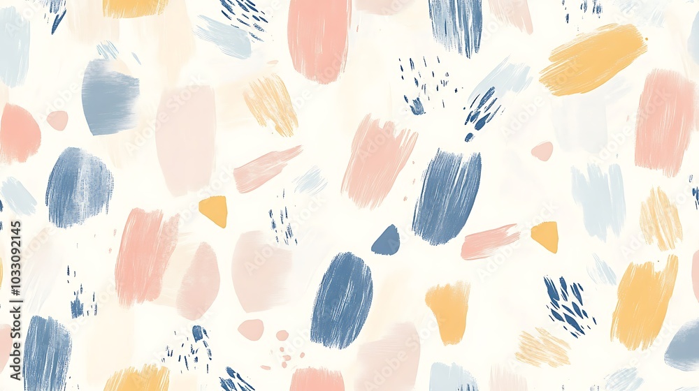 Wall mural abstract seamless pattern with hand painted brush strokes in soft blue, pink, and yellow colors on a