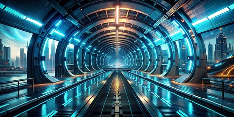 Futuristic Robotics and Advanced Tunnel Technology for Teleportation in a Sci-Fi Landscape