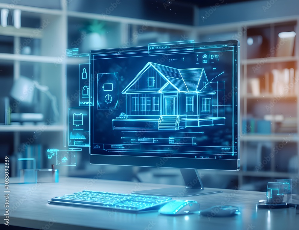 Poster 3d rendering of a smart home security system on a computer screen with holographic icons and a house