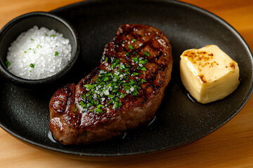 Grilled steak with salt and butter garnish