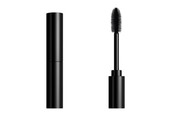 Obraz premium Black mascara tube and wand on a white background, perfect for beauty and cosmetic themes. transparent background