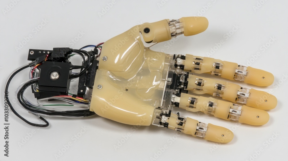 Poster A Close-up of a Beige Robotic Hand with Multiple Joints and Wires