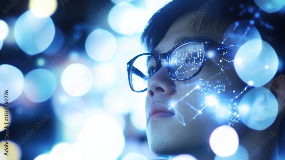 Poster a person with glasses and a digital network overlay