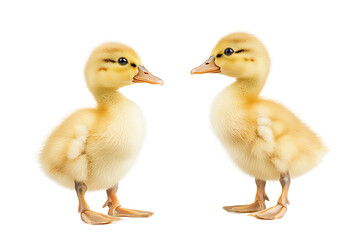 Two adorable fluffy ducklings standing close together, isolated on white background. transparent background