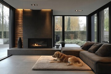 Cozy Modern Living Room with Fireplace and Relaxing Golden Retriever in Scandinavian Style