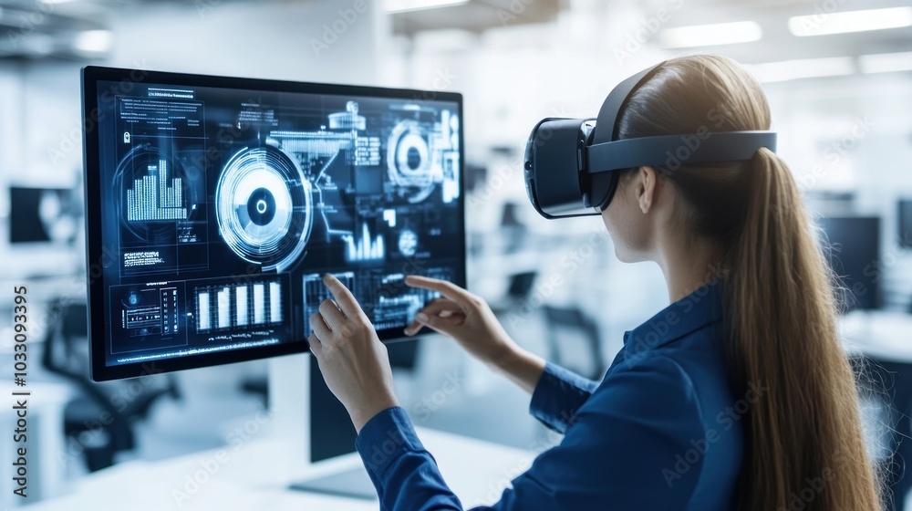 Aufkleber woman in vr headset interacting with digital interface on computer screen