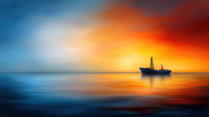 Obraz premium serene oil rig platform at sunset, silhouetted against vibrant sky of orange and blue hues, reflecting beautifully on calm waters