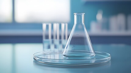 A Glass Erlenmeyer Flask on a Petri Dish in a Lab Setting