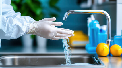 Washing hands with soap in kitchen sink, wearing white protective gear, emphasizes hygiene and cleanliness. scene is bright and organized, promoting safe environment