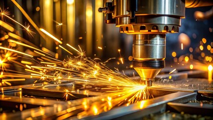 Golden Metal Cutting Machine Sparks on Dark Workbench - Panoramic Photography
