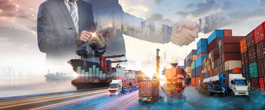 Smart technology logistics concept,  Businessman touching virtual screen world map of Global logistics network distribution, Air cargo trucking, Rail transportation, Online goods orders worldwide