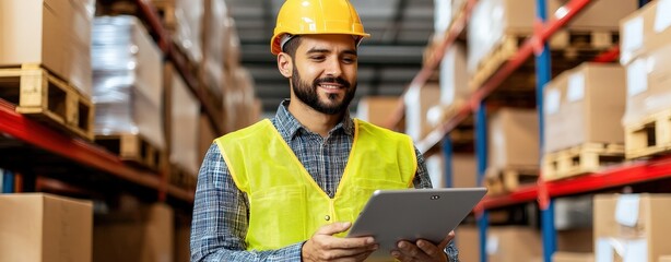 A warehouse worker utilizing a tablet to manage inventory in a modern distribution center highlighting safety and efficiency in logistics operations