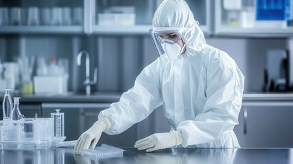 Fototapeta premium technician in full body protective gear is carefully working in laboratory environment, demonstrating precision and safety while handling equipment