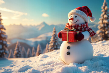 Obraz premium Snowman with a red hat and scarf, standing on a snowy surface with mountains in the background.