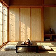 Traditional Japanese Tea Room with Shoji Screens and Morning Light
