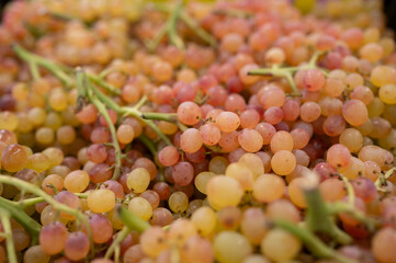 A pile of pink Kish-Mish grapes on the store counter. Agriculture, eco-friendly products