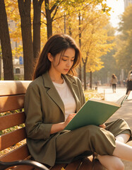 Obraz premium A woman is sitting on a park bench reading a book. The bench is wooden and has a backrest. The woman has long dark hair and is wearing a long coat, a white shirt, and white tights.