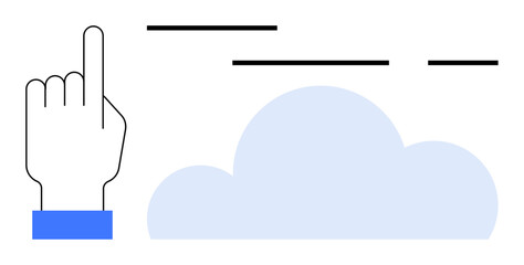 Hand pointing upward with two fingers extended. Blue cloud shape alongside horizontal black lines