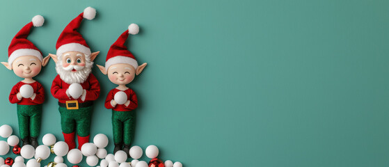 Three festive elf figurines stand against a teal background, surrounded by white balls, embodying a joyful holiday spirit.