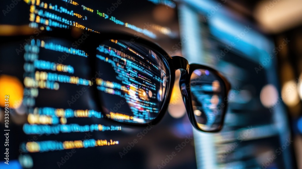 Poster Glasses Reflecting Computer Code on Screen