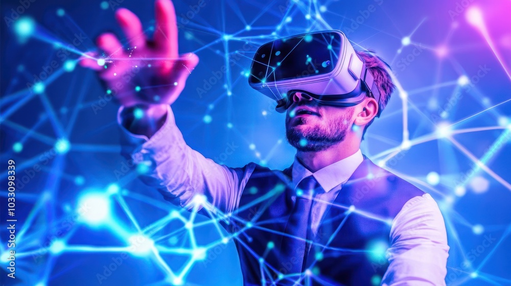 Poster man wearing a vr headset reaching out into a digital network