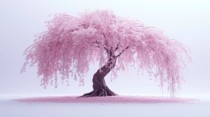 A delicate pink cherry blossom tree with weeping branches stands on a white background, its petals scattering softly.