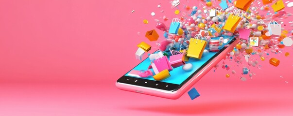 Abstract 3D model of a smartphone with exploding icons of shopping, discounts and digital payment solutions, pastel theme