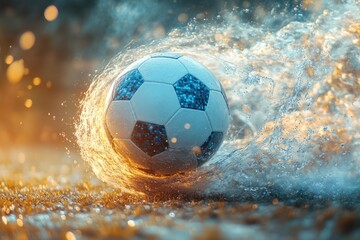 A dynamic soccer ball splashes through water, capturing motion and energy in a vibrant setting.