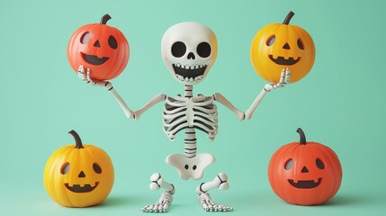 A playful skeleton juggling three colorful pumpkins