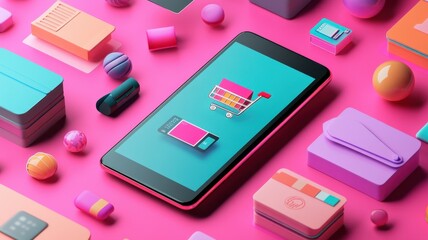 Abstract 3D model of a smartphone with exploding icons of shopping, discounts and digital payment solutions, pastel theme