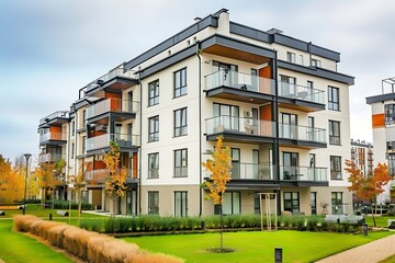 Modern apartment buildings on a sunny day with a blue sky.