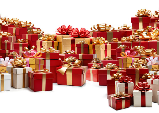 a pile of gift boxes as stacked and mountain of presents, festive Christmas gifts, presents boxes,3d, isolated